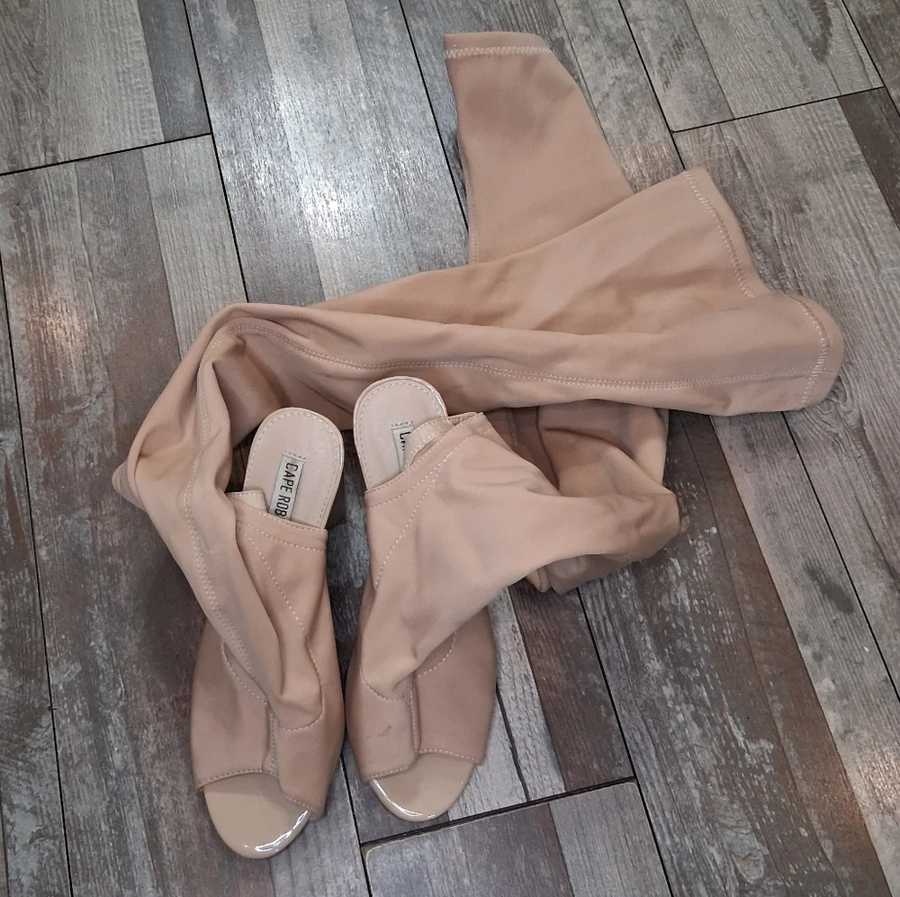 CAPE ROBBIN Connie Tan Thigh High Sock Peep Toe Y2K Block Heel Boots Size 8.5